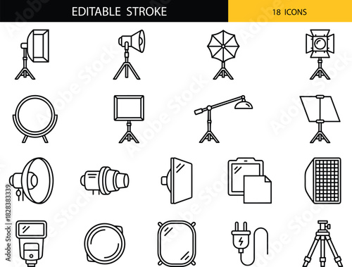 Photography studio lighting and equipment icon set featuring softboxes, umbrellas, reflectors, flashes, tripods, and accessories in clean editable stroke style.