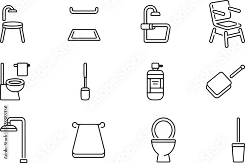 A soft black linear icon set showing daily living aids. Shower chair, grab bar, non-slip mat, raised toilet seat, long-handle sponge, and medication dispenser. Vector illustration