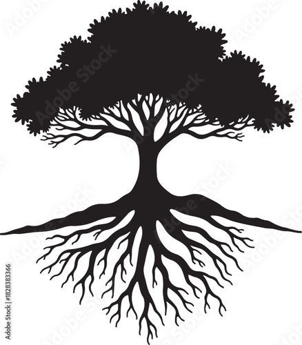 Black silhouette of a tree with detailed roots and canopy