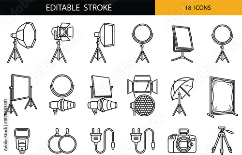 Professional photography studio equipment icon set featuring lighting gear, reflectors, tripods, cables, and camera accessories in clean editable stroke style.