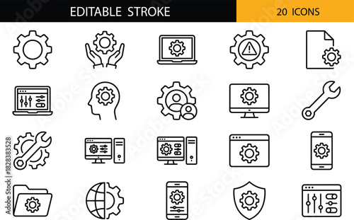 System settings and configuration icon set featuring gears, tools, software management, web interfaces, and device optimization in clean editable stroke style.