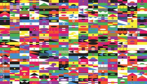 A vibrant and abstract mosaic of geometric shapes creates a visually stimulating and colorful background pattern