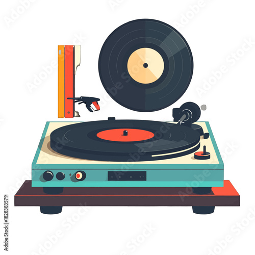Retro Turntable Playing Vinyl Record with Stacked Albums in Teal and Orange Hues Warm Lighting Subtle Shadows