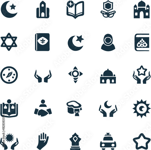 Collection of religious and cultural symbols on transparent background silhouette