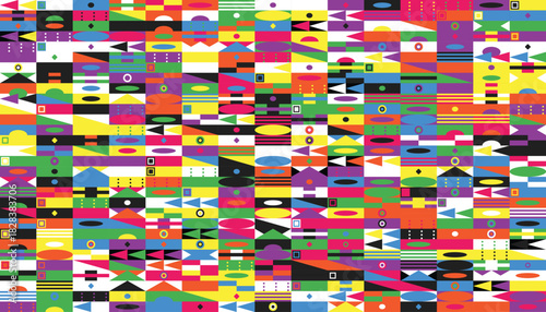 A vibrant and intricate abstract pattern featuring a multitude of colorful geometric shapes arranged randomly