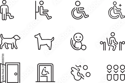 A unified black outline vector icon set for inclusive public spaces. Accessible restroom, companion care symbol, quiet zone room, service animal badge, sensory-friendly area, and priority queue marker
