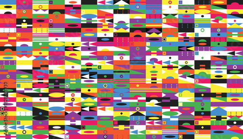 Vibrant abstract pattern featuring a dynamic array of geometric shapes and bold colors creating a modern design