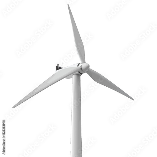Modern White Wind Turbine with Three Blades Rotating Against a Plain White Background Generating Renewable Energy