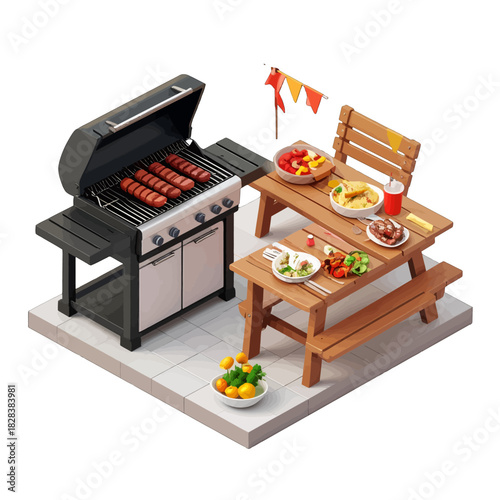 Outdoor Barbecue Picnic Scene With Grilling Sausages Hot Dogs Salad And Drinks Ready For Celebration