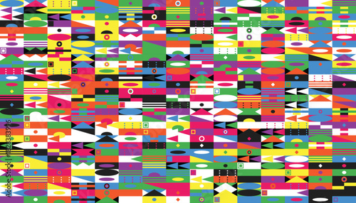 A vibrant and dynamic mosaic of colorful geometric shapes creates a visually stimulating and playful pattern