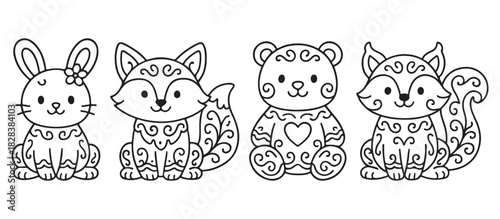 Gingerbread animal clipart set featuring playful woodland characters with heart and floral motifs. Bear fox bunny simple line art. Black and white vector collection illustration in cartoon style