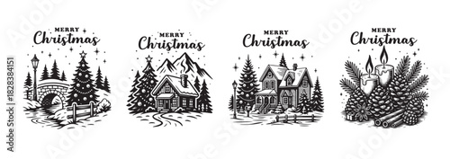 Merry Christmas illustrations with snowy cabins, pine trees, and festive candles. Black and white vector collection vintage style set collection