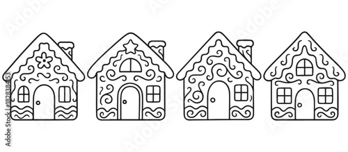 Hand-drawn gingerbread house set with festive icing patterns simple line art. Black and white vector collection illustration in cartoon style