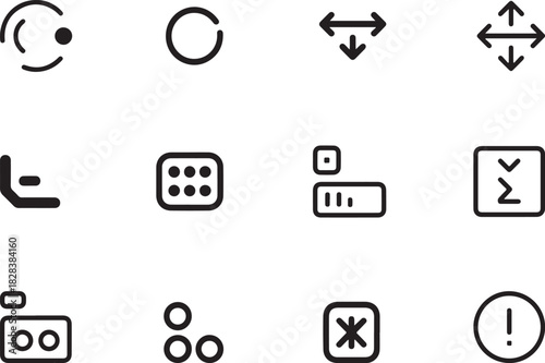 A black line icon set for inclusive user interfaces. Focus indicator highlight, keyboard navigation arrows, error explanation icon, input field, control method symbol, and assistive toolbar