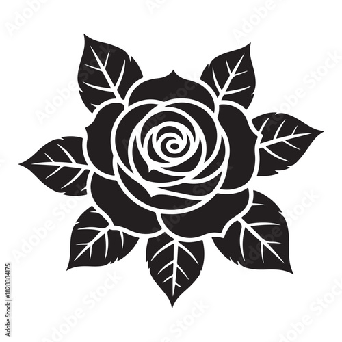 Elegant silhouette of a blooming rose surrounded by leaves against white background