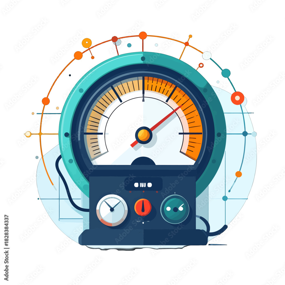 Fototapeta premium Retro Pressure Gauge With Colorful Dials And Needles Measuring Data In A Circular Frame With Connecting Dots And Lines Illustration