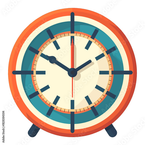 Retro Alarm Clock With Orange Bezel And Blue Dial Showing Mid Morning Time With Black Hands And Red Second Hand Isolated On White