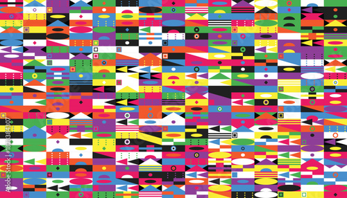 Vibrant abstract pattern featuring a multitude of geometric shapes and colors creating a visually dynamic design