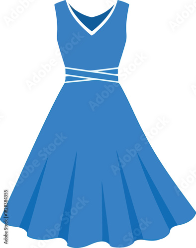Blue a-line dress with v-neck and sash