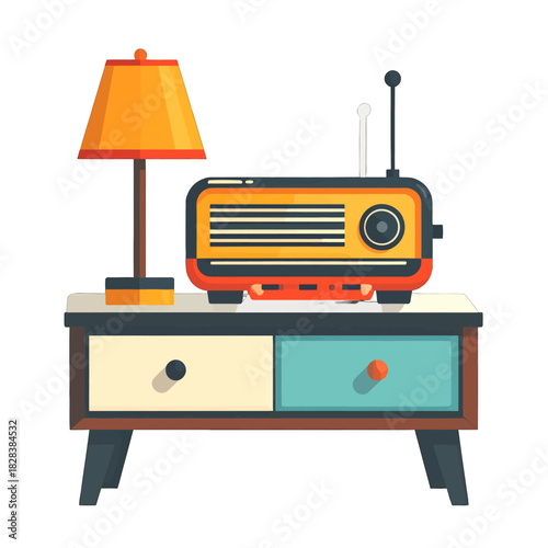 Retro Radio and Lamp on a Two-Drawer Cabinet With Colorful Facades and Dark Legs In Soft Light