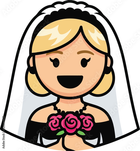 Cute bride character holding pink roses bouquet