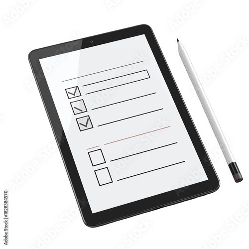 Digital Tablet Displaying A Checklist With A Stylus On A White Background Minimalist Design With Focus On Task Management And Organization