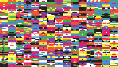 A vibrant and dynamic abstract pattern featuring a multitude of colorful geometric shapes arranged in a grid like structure
