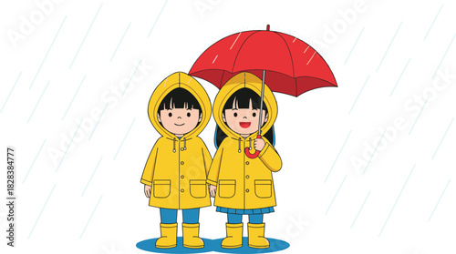 Two girls wearing yellow raincoats under red umbrella in rain, cute flat cartoon illustration for children, weather, family, safety