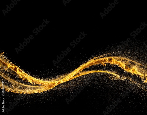 Golden Dust Swirl on Black Background for Abstract Beauty or Luxury Concept with Copy Space Above.