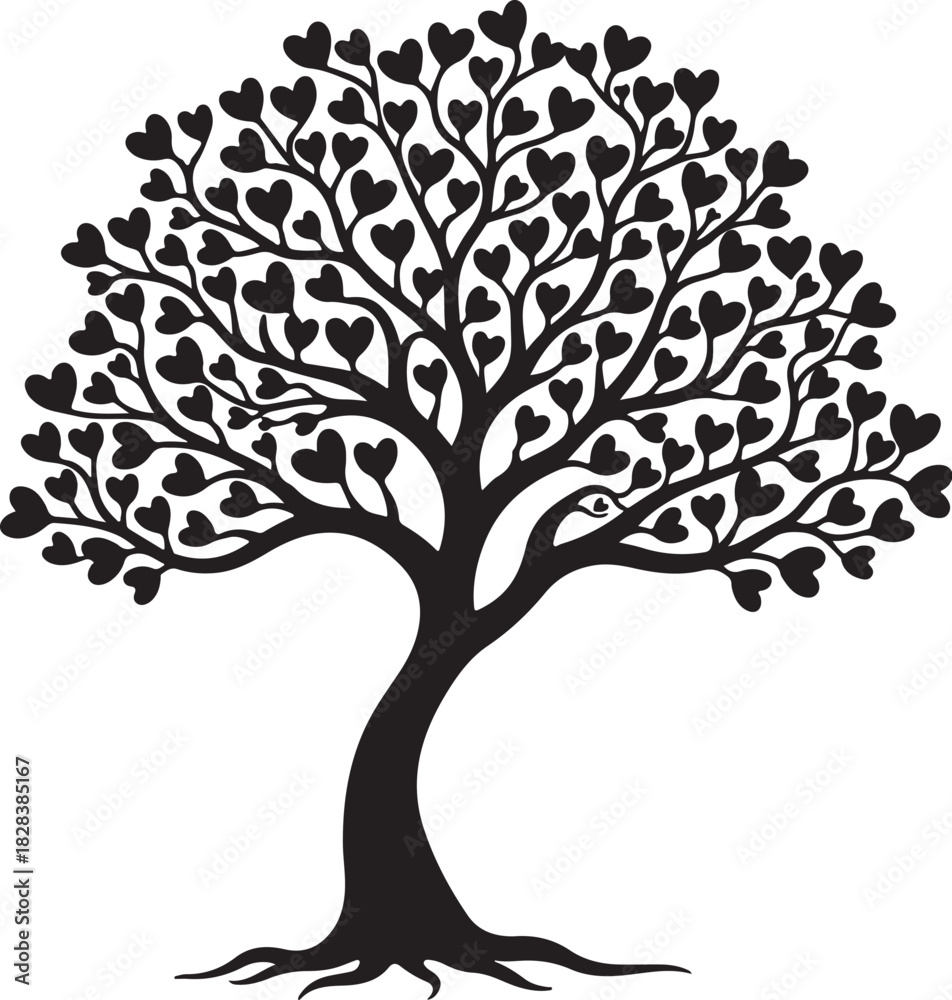 Fototapeta premium Black silhouette tree with heart shaped leaves white