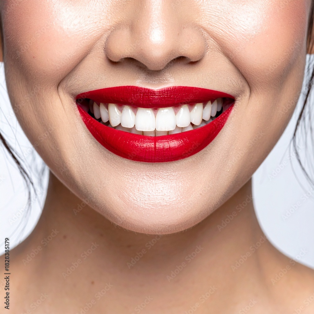 Fototapeta premium Radiant Smile with Bright Red Lipstick Professional Studio Beauty Shot for Dental or Makeup Advertising and Promotion.