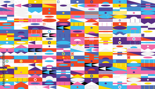 Abstract pattern featuring geometric shapes in vibrant colors creating a visually stimulating and dynamic design