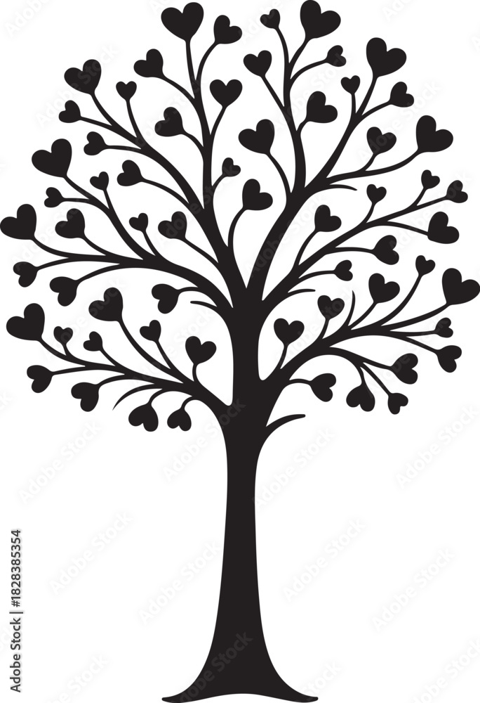 Fototapeta premium Black silhouette tree with heart shaped leaves white