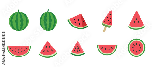 Watermelon slices vector icon set whole fruit quarters and ice cream for summer food and drink.