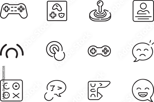 A consistent soft-line icon set for adaptive gaming. One handed controller, accessibility game menu, adaptive joystick, haptic feedback glove, voice command gaming, and inclusive multiplayer vector