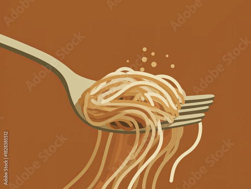 Abstract illustration of a fork lifting a tangled bundle of pasta against a brown background