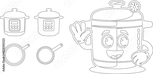 Outlined Cartoon Kitchenware Featuring Pressure Cookers and Frying Pans for Coloring Pages