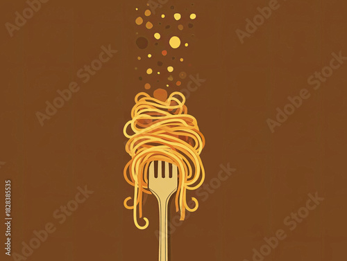 Minimalist illustration of spaghetti twirled around a golden fork on brown background