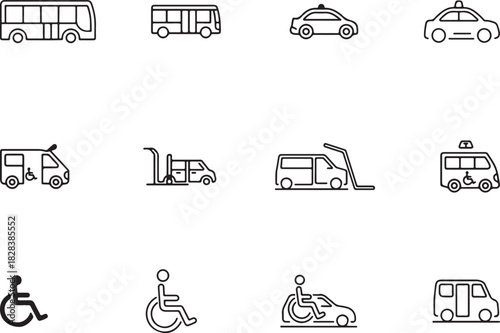 A minimal linear icon set showing accessible transportation. Low-floor bus, wheelchair taxi, priority seating badge, lift-equipped van, vehicle ramp, and paratransit vector illustration symbol