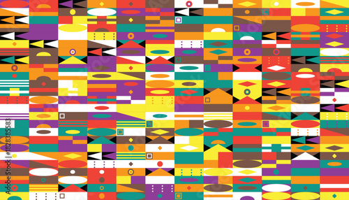 A vibrant and dynamic mosaic of geometric shapes creates a visually stimulating and captivating abstract pattern