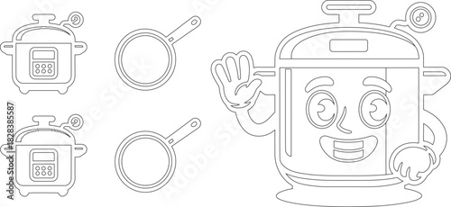 Outlined Cartoon Pressure Cooker and Regular Cookware Icons, Black and White Coloring Book