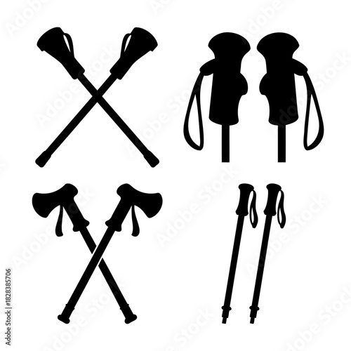Adventure hiking and trekking pole silhouettes vector icon set