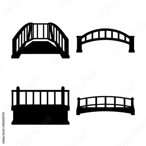 Diverse bridge silhouettes icon set isolated on clean white.