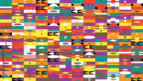 A vibrant and dynamic abstract pattern featuring a mosaic of colorful geometric shapes and forms arranged randomly