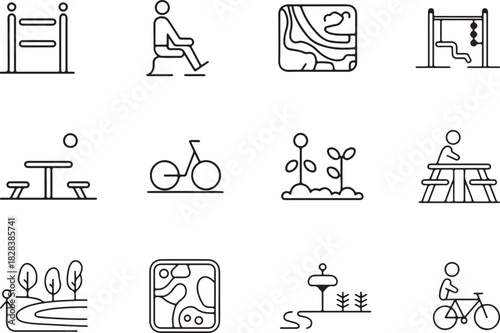 A minimal thin-line icon set for environmental accessibility. Accessible playground equipment, wide walking path, tactile park map, inclusive picnic area, adaptive bike trail sign, and sensory garden 