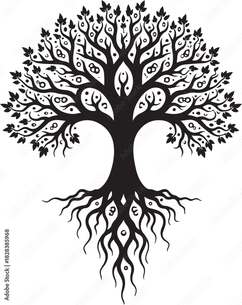 Obraz premium Black stylized tree with ornate branches and roots