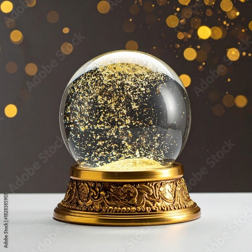 Golden Orb of Dreams A Glimmering Sphere of Light and Shadow Decorative Glass Ball with Intricate Base for Festive Decoration.