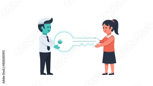 Handing Over the Digital Key: Business Solution, Access, and Partnership Exchange Illustration