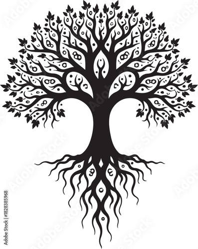 Black stylized tree with ornate branches and roots