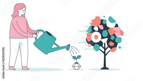 Investment and Growth Concept: Woman Watering Seedling to Cultivate Business Success, Development, and Abstract Tree of Revenue.